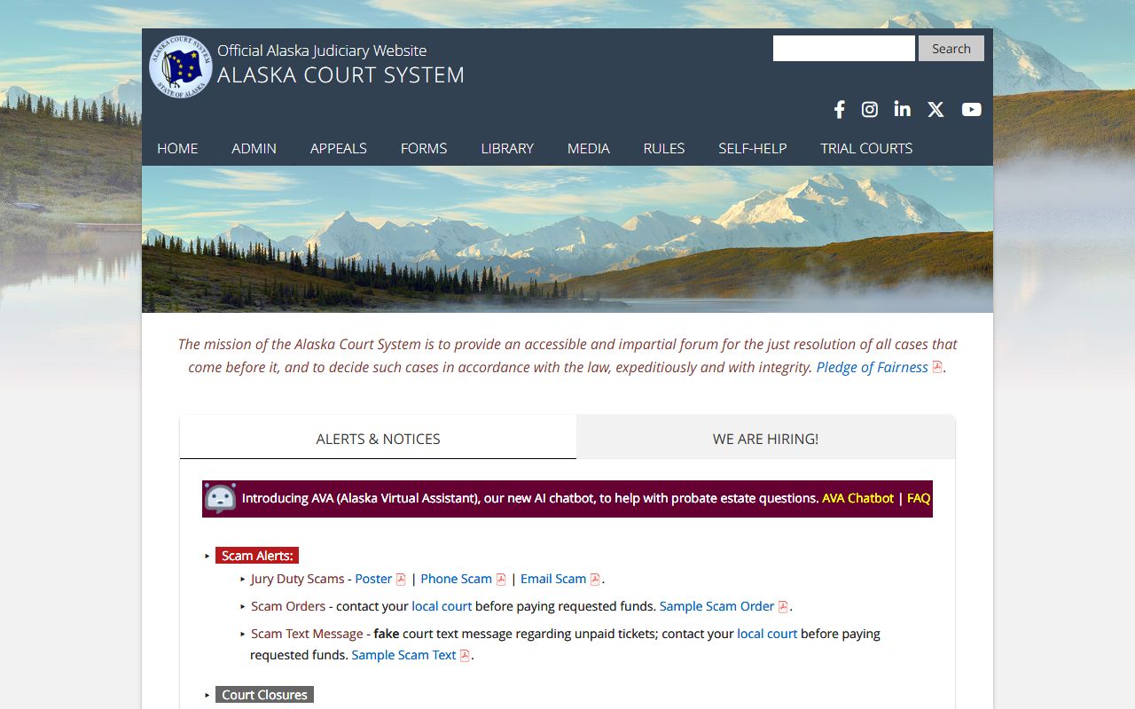 Alaska Court System home page for CourtView jail roster searches