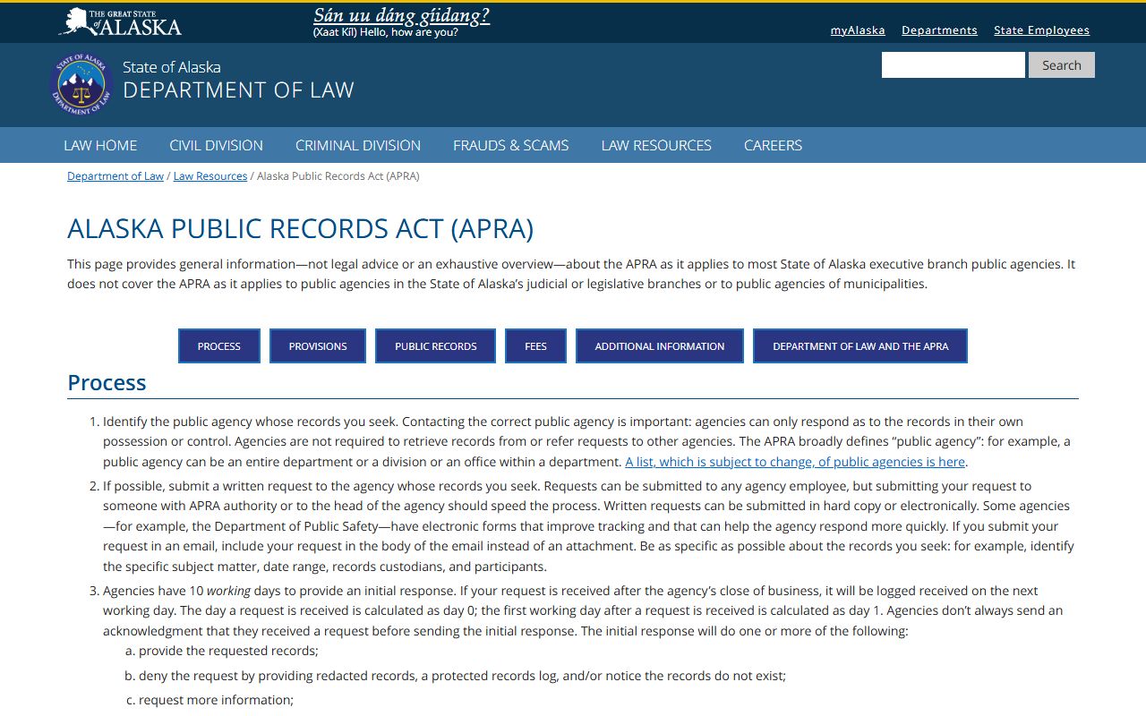 Alaska Public Records Act page relevant to jail roster requests