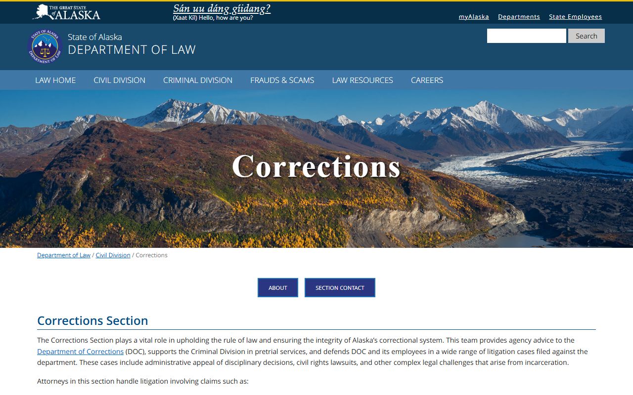 Alaska Department of Law Corrections Section for jail roster legal matters